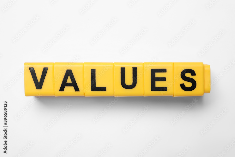 Blocks with word VALUES on white background, top view Blocks with word VALUES on white background, top view
