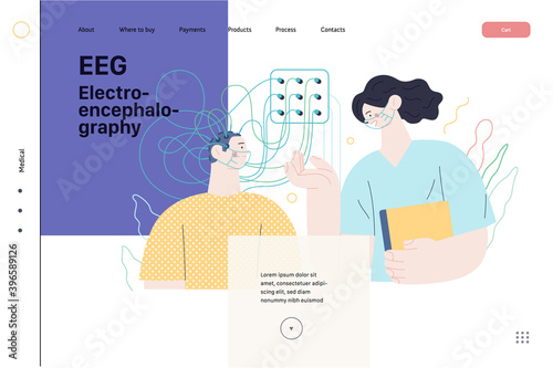 Medical tests illustration - EEG - electroencephalography - modern flat vector concept digital illustration of encephalography procedure - a patient with head electrodes and doctor in medical office