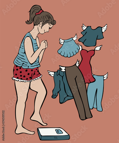 Vector illustration of a young woman weighing herself on the weight scale dreaming about clothes to fit. Colorful design for different purposes.