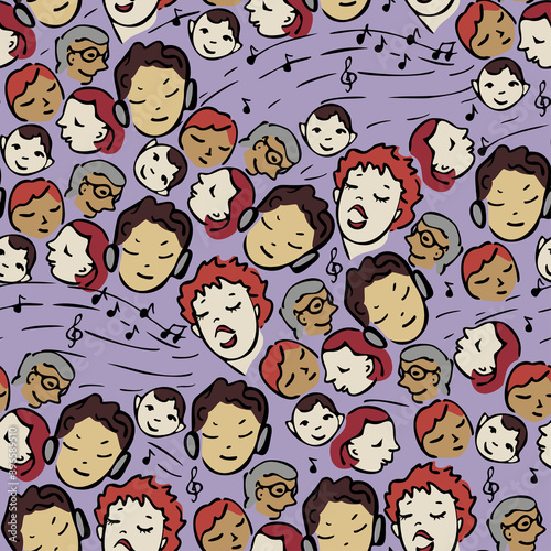 Vector seamless pattern of singing woman and happy audience listening her. Design for radio station or podcast.