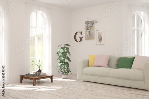 White living room with sofa. Scandinavian interior design. 3D illustration