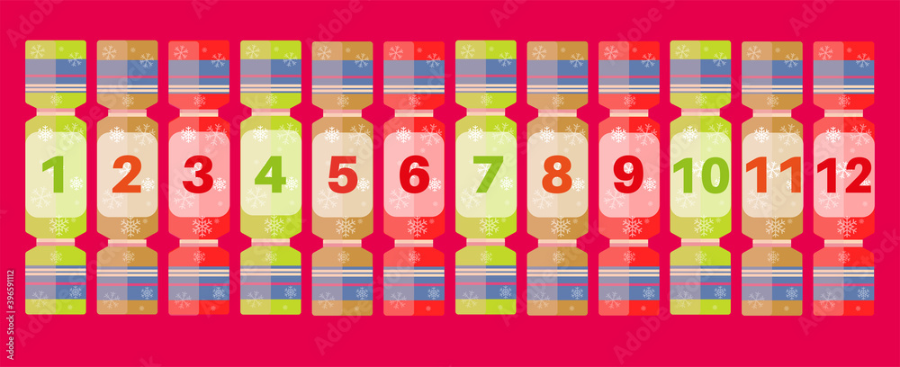 The 12 Days of Christmas - Festive numbered crackers on a red background - obrazy, fototapety, plakaty 