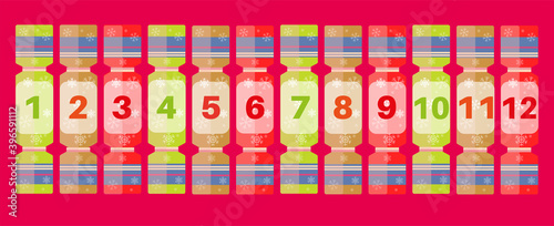 Fényképezés The 12 Days of Christmas - Festive numbered crackers on a red background