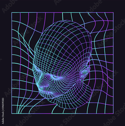 Silhouette of 3d low poly human head. Illustration in retrofuturistic style of 80's-90's years, vaporwave and synthwave bold brutal aesthetics.