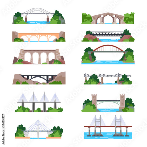 Set of isolated modern and vintage bridges with cable and column. Building for transportation over river. Iron and stone construction for railway or highway, road. Metal construction. Architecture