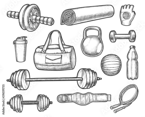 Isolated sketch icons of gym, aerobics, powerlifting equipment. Barbell and ball, bottle and ab wheel, yoga mat and glove, rod and skipping, jumping rope, bodybuilder belt. Exercise and training