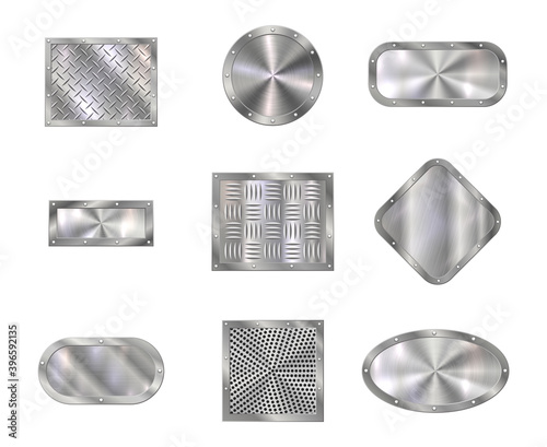 Metal plates on steel screw rivets, steps or floor tiles, vector realistic. Stainless metal plates, iron sheets or aluminum surface deck panels with diamond texture pattern, metallic plaques on bolts