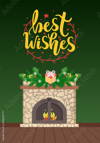 Best wishes greetings and modern stone fireplace with decorations and metal frame, vector. Natural, rustic mantelpiece decorated by spruces and box