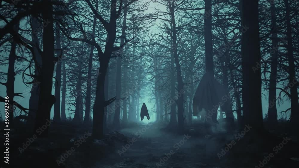 Loop dark scary forest with flying ghosts