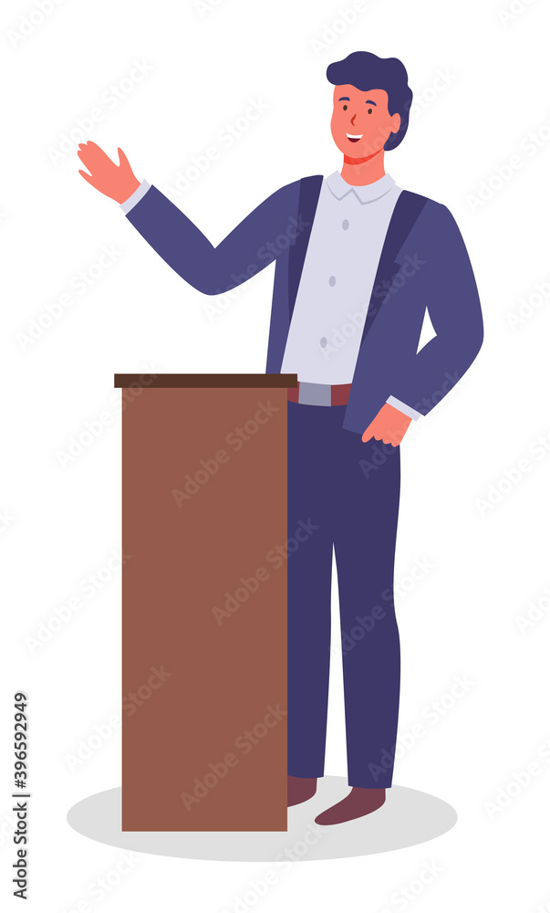 Executive man waving hand, greeting, show presentation, talking from tribune, office worker in costume. Businessman at conference. Portrait of guy telling, gesture. Cartoon character in flat style Executive man waving hand, greeting, show presentation, talking from tribune, office worker in costume. Businessman at conference. Portrait of guy telling, gesture. Cartoon character in flat style