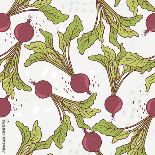 Beets, hand drawn seamless pattern. Overlapping background, vegetables vector. Colorful illustration with food. Decorative wallpaper, good for printing. Design backdrop
