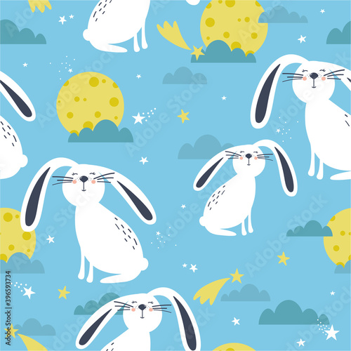 Bunnies, stars, moon and clouds hand drawn backdrop. Colorful seamless pattern with animals. Decorative cute wallpaper, good for printing. Overlapping background vector. Design illustration, rabbits