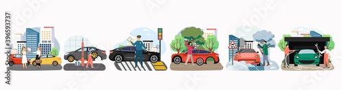 Road traffic accident set, flat vector illustration. Car crash, flat tire, car wash and repair service.