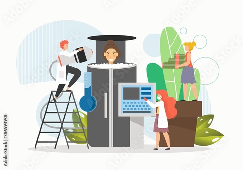 Happy woman visiting cryosauna, flat vector illustration. Whole body cryotherapy, cold therapy.