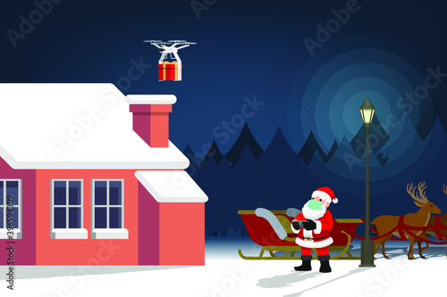 COVID-19 infographic of cute Christmas character, Santa Claus wear surgical mask controlling the drone to send a present gift for children and keep social physical distance. Corona virus protection.