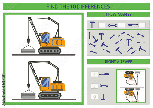 Children  worksheet. Kids game. Find the differences between two construction cranes. Educational page. The funny riddle.