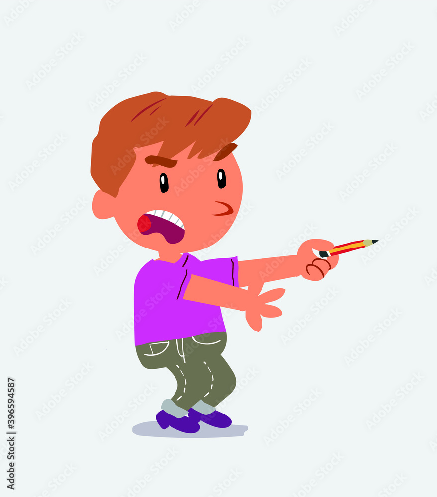 angry cartoon character of little boy on jeans with pencil points to the side angry cartoon character of little boy on jeans with pencil points to the side