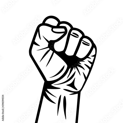 Strong fist raised up. Hand drawn graphic vector illustration of human arm with clenched fingers. Concept of protest, equality, fight for human rights, stop racism