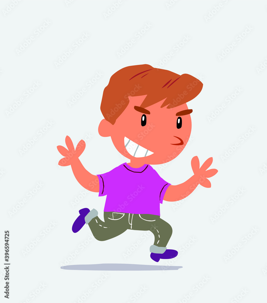 cartoon character of little boy on jeans running very pleased cartoon character of little boy on jeans running very pleased