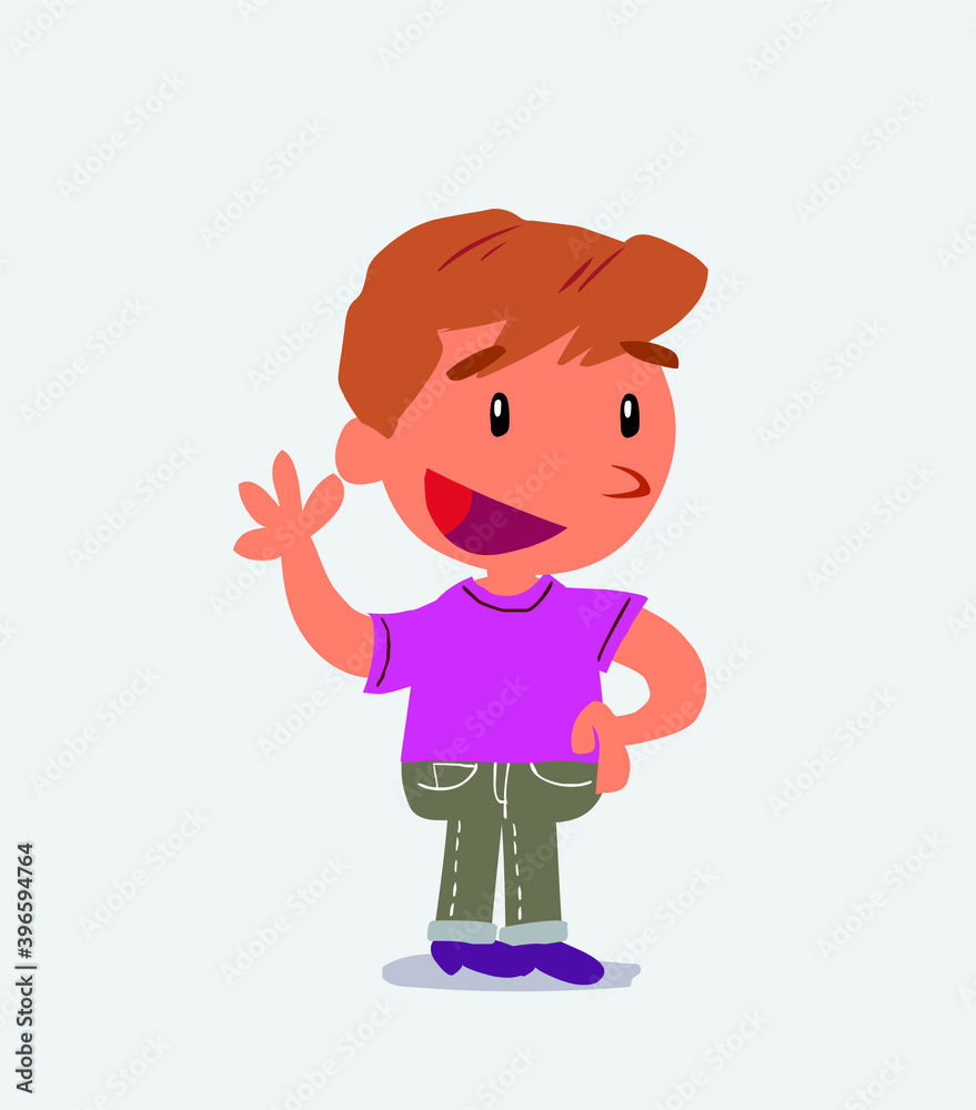  cartoon character of little boy on jeans waving happily.