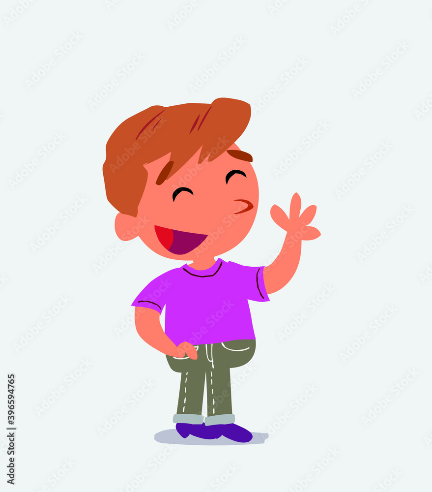 cartoon character of little boy on jeans waving informally while smiling