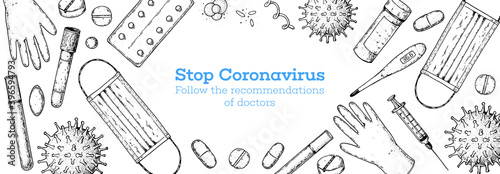 Medicinal tools, laboratory equipment, corona virus. Stop coronavirus illustration. Hand drawn design. Medical illustration. Covid-19