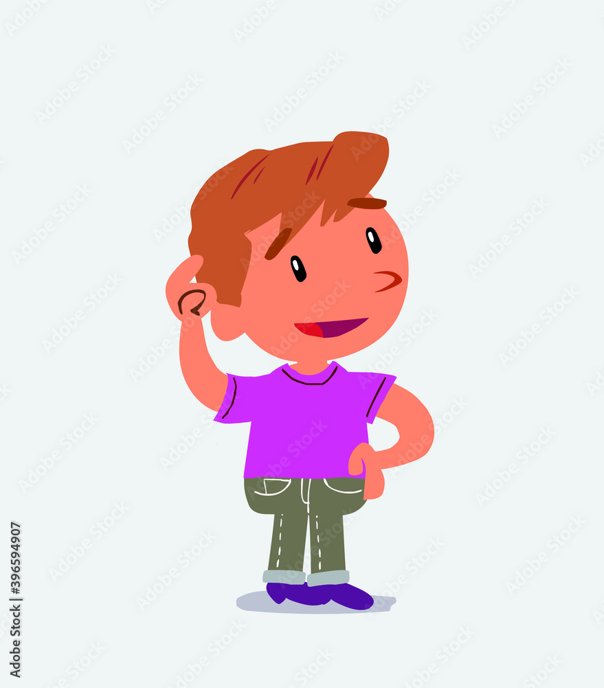 Thoughtful cartoon character of little boy on jeans scratching his head