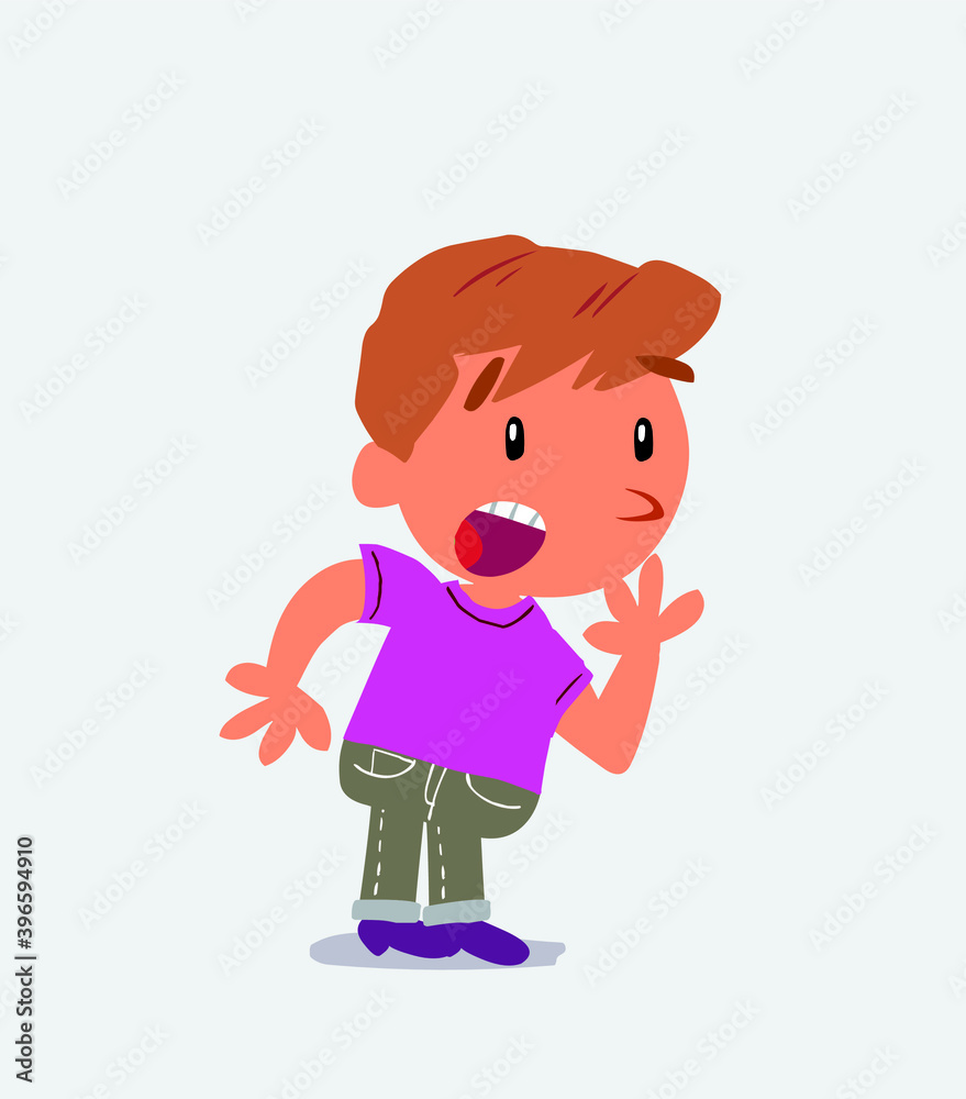 Unpleasantly surprised cartoon character of little boy on jeans looks to the side Unpleasantly surprised cartoon character of little boy on jeans looks to the side