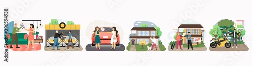 Agents, dealers and clients buying or renting new house, car, motorcycle, flat vector illustration.