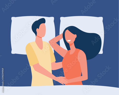 Happy couple lying in bed together and smiling. Pillow, marriage, girlfriend flat vector illustration. Love and relationship concept for banner, website design or landing web page
