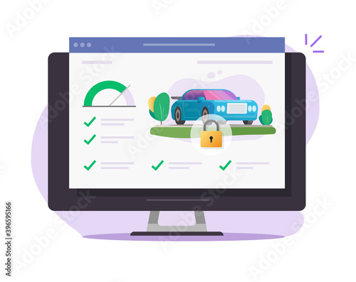 Car vehicle repair diagnostic test check on computer pc vector, automobile monitoring technology service, idea of alarm system development, auto maintenance data on screen