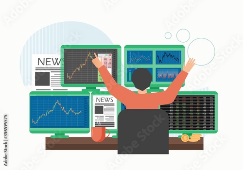 Trader looking at computer monitors sitting at trader desk with raised hands, flat vector illustration. Stock market,