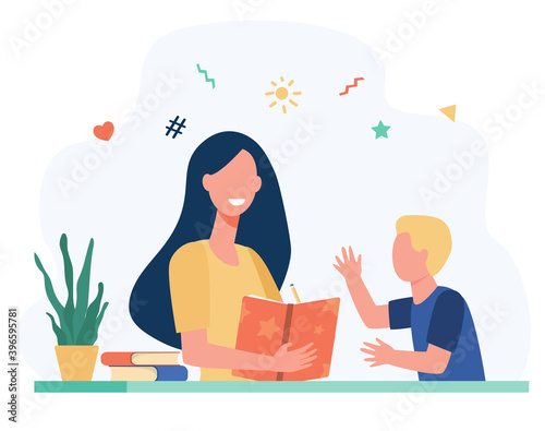 Mother helping kid with study. Book, school, home flat vector illustration. Parenthood and education concept for banner, website design or landing web page
