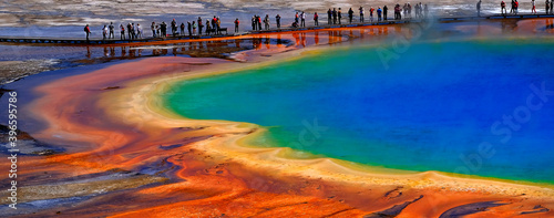 Grand Prismatic Spring Yellowstone National Park Tourists Viewing Spectacular Scene