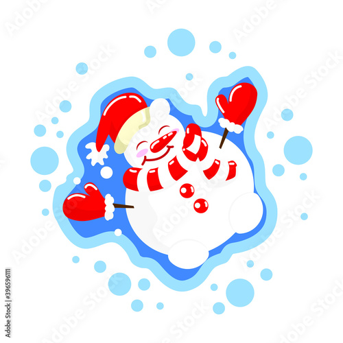 A cute snowman in a red hat, red mittens lies in the snow on a white isolated background in a flat style, cartoon. Cheerful snowman on winter New Year holidays.

