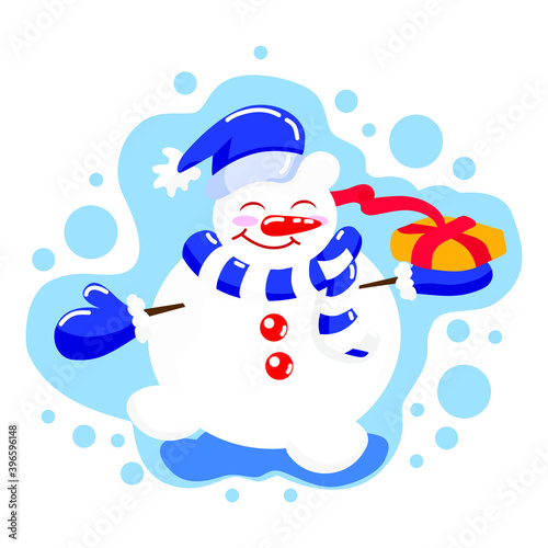 Cute snowman in a blue hat, blue mittens with a gift on a white isolated background in a flat style, cartoon. Cheerful snowman on winter New Year holidays.