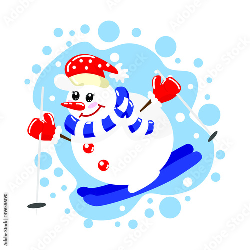 Cute snowman in a red hat, red mittens is skiing on a white isolated background in a flat style, cartoon. Cheerful snowman on winter New Year holidays.
