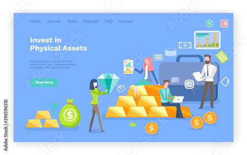 Invest in physical assets vector, woman holding diamond, man with notes and briefcase, person working on laptop looking at stats of investors. Website or webpage template, landing page flat style