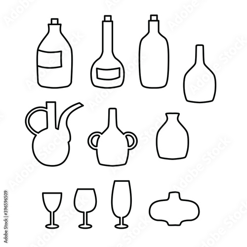 Abstract drawings set of bottles, jugs, glasses on a white isolated background in sketch, line design. Decoration, postcards, posters.