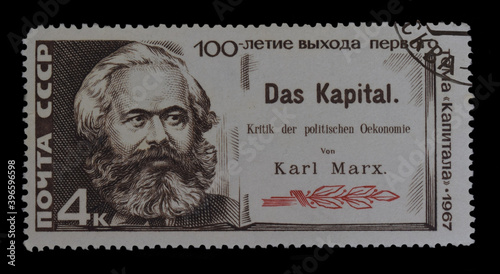 Bakhmut, Ukraine, December, 2020. Portrait of K. Marx on a Soviet stamp