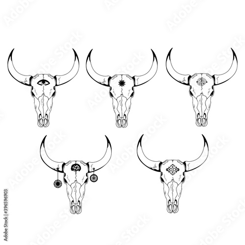 Vector illustration.Year Of The Bull 2021.Bull cow skull with symbols on the forehead and horns.Boho style
