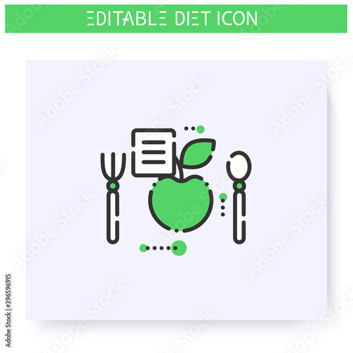 Healthy recipe line icon. Dietary cuisine. Diet. Weight loss. Portion control. Healthy eating. Dietary nutrition. Calorie count. Slimming concept. Isolated vector illustration. Editable stroke 
