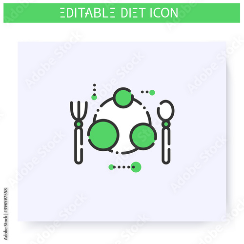 Portion size plate line icon. Serving size. Diet. Weight loss. Portion control. Healthy eating. Dietary nutrition. Calorie count. Slimming concept. Isolated vector illustration. Editable stroke 