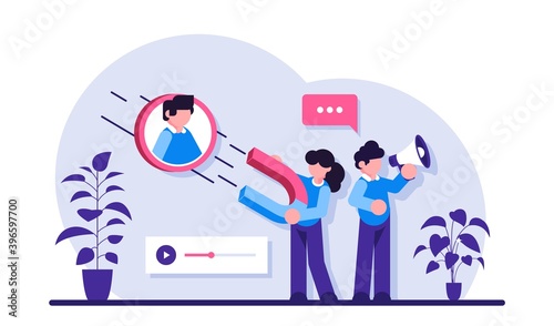 Find leads flat concept vector. Find new customer, content creation, sales funnel. Generate sales leads, digital marketing strategy, build brand awareness. Modern illustration.