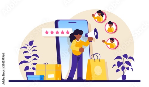 Brand advocate flat concept vector. Trademark advocacy strategy, positive image creation, social media comments. Brand attorney, digital marketing, internet. Modern illustration.