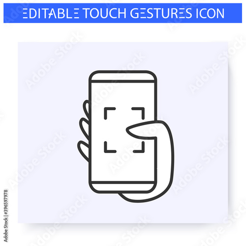 Thumb camera focusing line icon. Tap on screen. QR code scanning. Multitouch gestures for smartphone use. Touchscreen technology. User interface concept. Isolated vector illustration. Editable stroke 