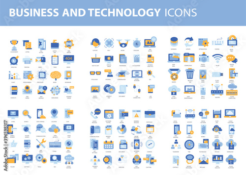 Business and marketing, programming, data management, internet connection, social network, computing, information. Icons set. Flat vector illustration	