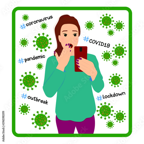young woman is shocked in panic with a news about coronavirus, lockdown, outbreak, pandemic she is reading from the smartphone screen. Stress frustration fear and negative caused by COVID-19 concept. 