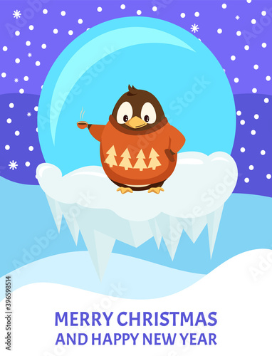 Merry Christmas and Happy New Year, penguin in knitted sweater with coffee cup or tea. Bird in glass ball on ice floe, hot beverage and snow vector