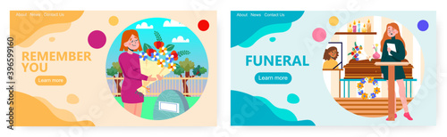 Woman stays next to coffin and gives funeral speech concept vector illustration. Woman brings flowers to dead relatives graveyard at the cemetery